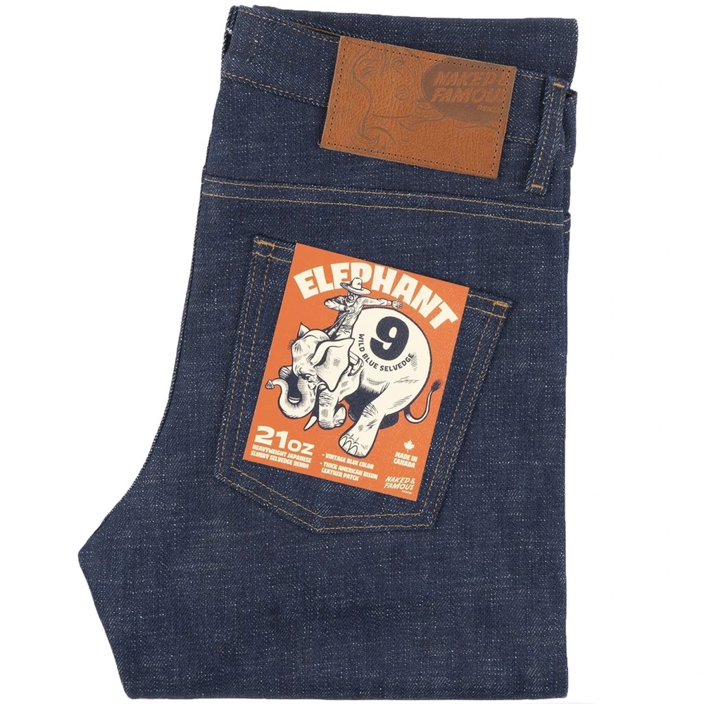 Naked and Famous Denim. Super Guy - Elephant 9 - Wild Blue. Raw, selvedge denim.